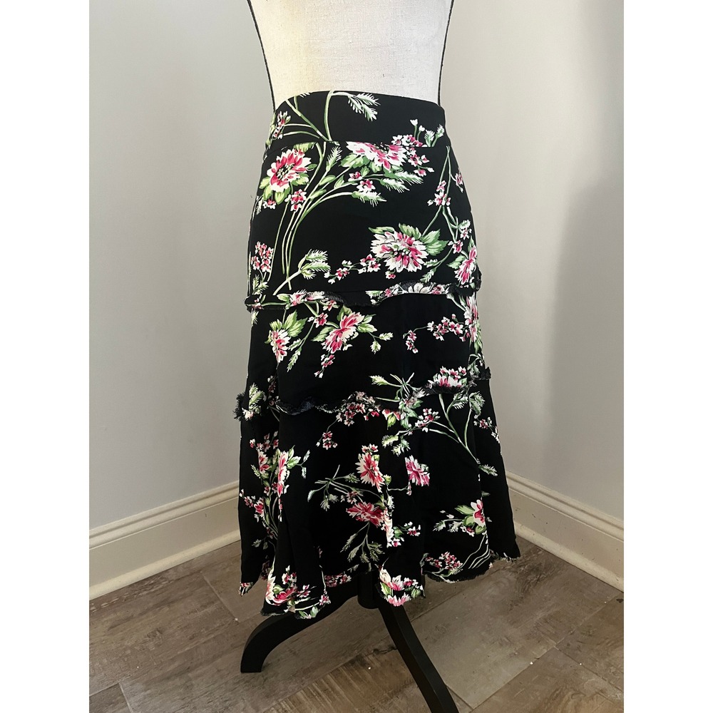 Black Floral Midi Skirt size 10 Ruffle Tiered Boho Chic Cottagecore Romantic